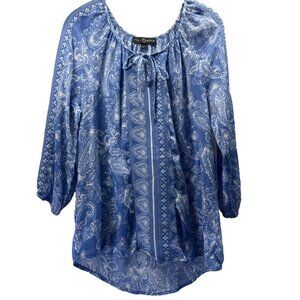 Fred David Women's Top Size Small Blue White Paisley Bohemian Puff Sleeve Light